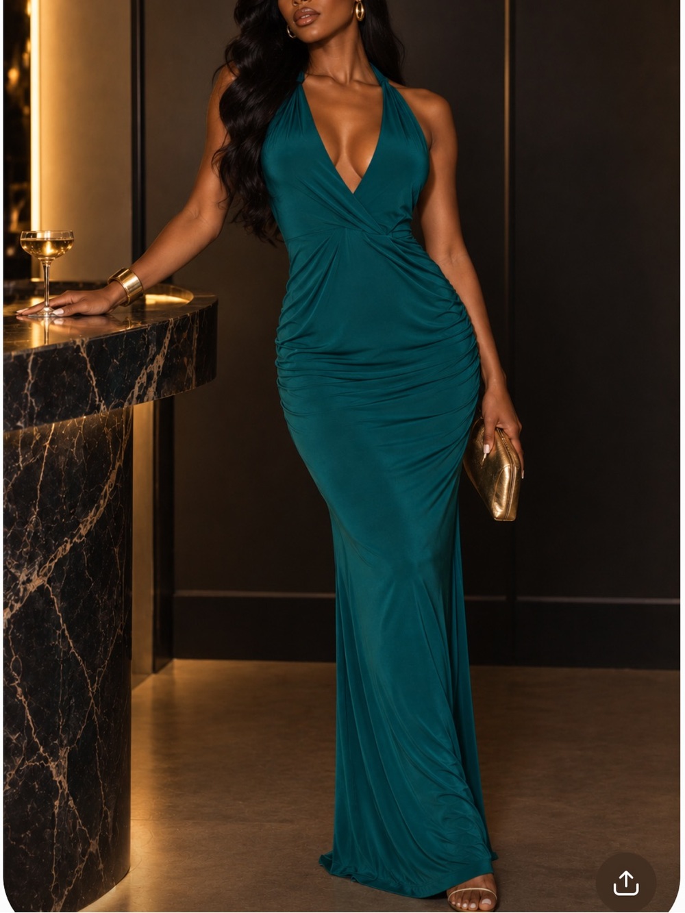 CLUB L LONDON  Green V-Neck Backless Ruched Stretch Maxi Dress Size 10